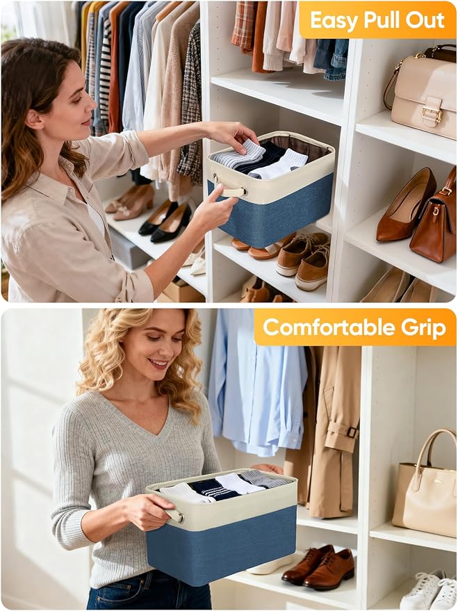 BALEINE 2 Pack Fabric Closet Storage Bins for Shelves, Linen Closet Organizers and Storage, Decorative Baskets for Organizing, Shelf, Clothes, Home, Office (Navy Blue, 12"x8"x8")