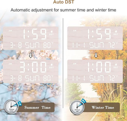 DreamSky Wooden Digital Alarm Clocks for Bedrooms with Date & Day of Week | Living Room Desk Clock, Temperature, USB Port, Dimmer Wheel, Adjustable Volume, Auto DST, Office Wood Decor (Plug-in)