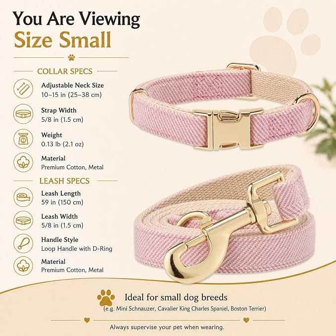 Herringbone Tweed Dog Collar and Leash Set for Small Dogs, Pink | Snag-free, no-rub design. Soft breathable cotton, gentle on fur. Adjustable durable matching combo for walks & outdoors.