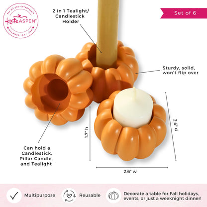 Kate Aspen 2-in-1 Pumpkin Candle Holder Set - Orange Fall Taper, Tealight & Votive Candle Holders - Pumpkin Table Centerpiece, Fall Candle Decor, Halloween Candlestick Holder (Set of 6)