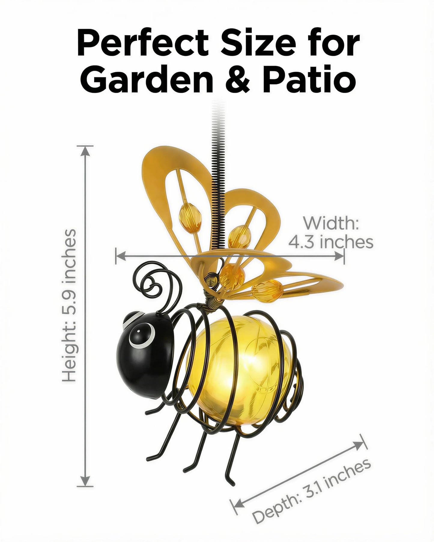 Solar Hanging Bee Light - Outdoor Metal Garden Decor with LED Glow, Yellow Body - Waterproof Solar Powered Insect Ornament for Yard, Tree, Porch, Patio - Gift for Women, Mom, Bee Lovers (1 Pack)