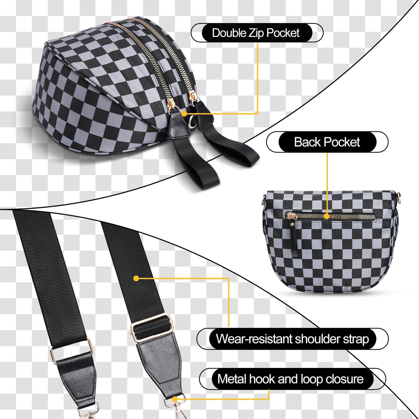 Checkered Crossbody Bag,Nylon Bum Bags for Women Crossbody,Spacious Sling Bag Purse Fanny Packs with Shoulder Strap