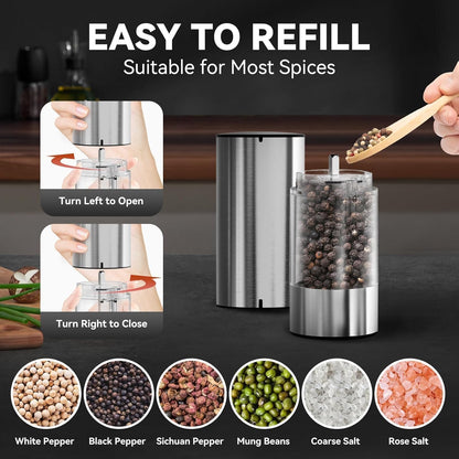 Electric Salt and Pepper Grinder Set Rechargeable, Yumcian Automatic Shakers Set with Adjustable Coarseness and LED Light, Stainless Steel Mill Set, Upgraded Larger Capacity