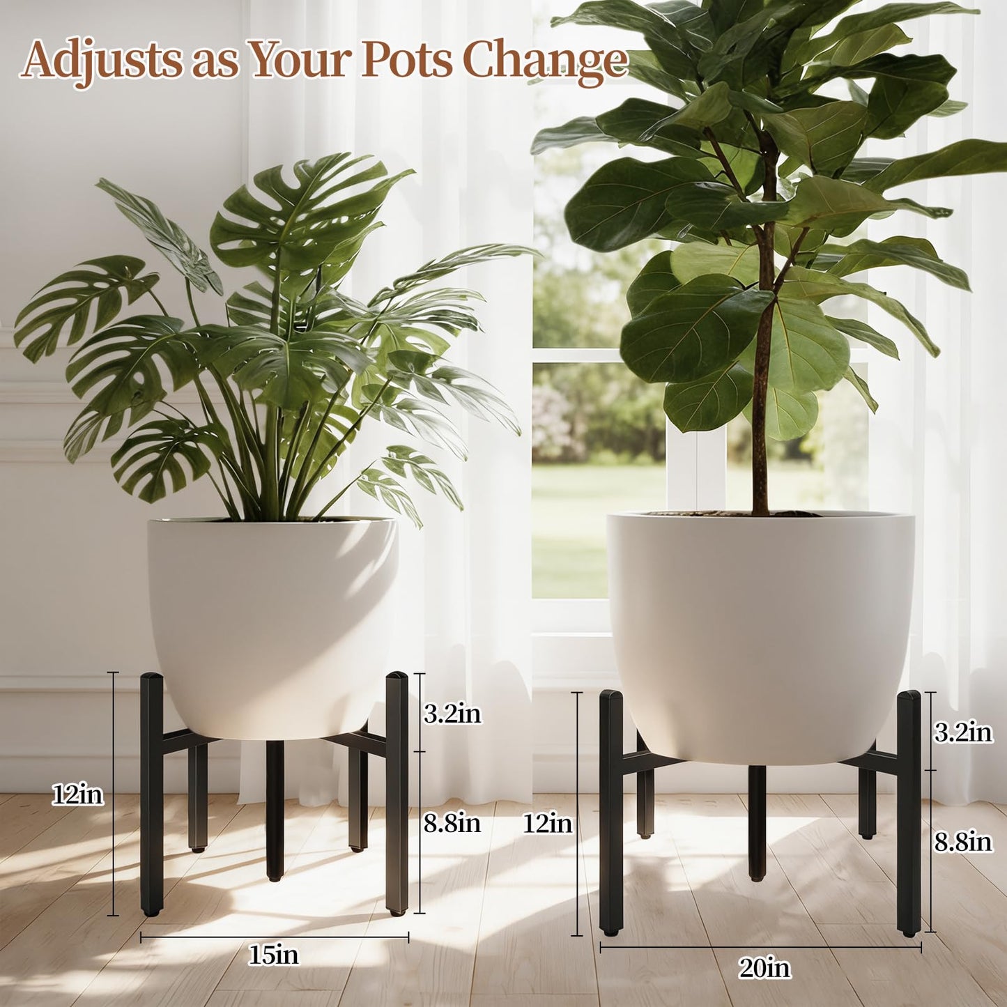 LUBORN Plant Stand Indoor Outdoor, 2 Pack Adjustable Plant Stands Fit for 15–20-Inch Large Plants, Mid-Century Metal Planter Stand, Heavy-Duty Single Modern Plant Holder for Living room, Patio