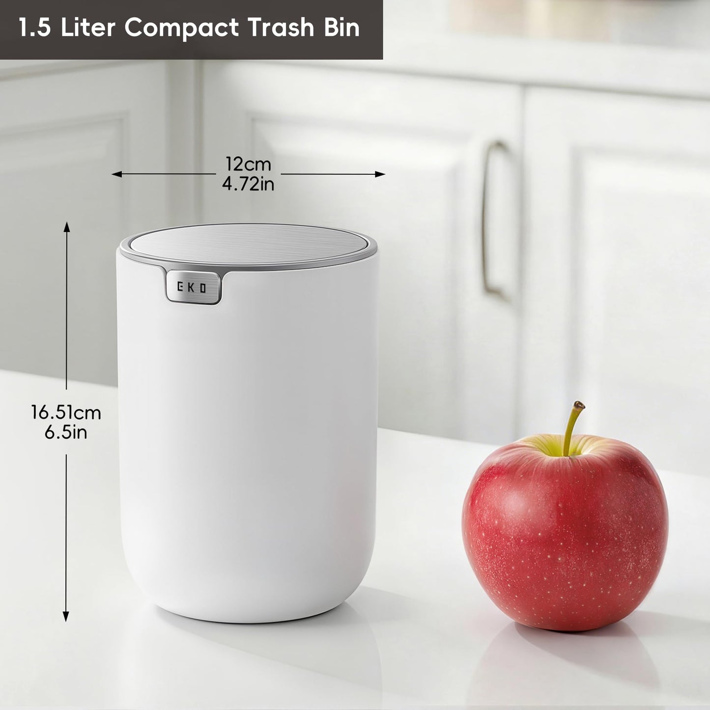 EKO Mini Desk Trash Can with Swing-Top Lid 0.4 Gallon Small Table Round Wastebasket for Office, Home, Car (White)