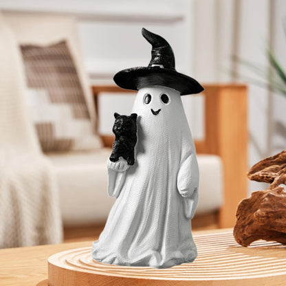 Garkria Resin Halloween Ghost Black Cat Figurine Miniature Ghost and Black Cat Statue Collectible Tabletop Ornaments for Halloween Home Party Decor - White