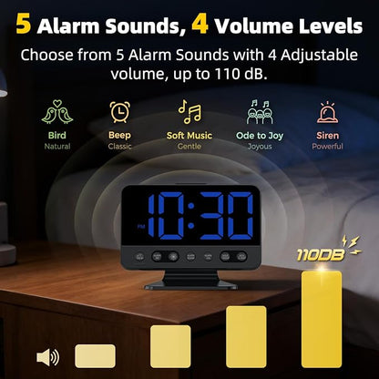 AuroraCalm Digital Alarm Clock with Large Numbers for Bedrooms: Bold Display Readable Across The Room with 5 Level Brightness - 5 Alarm Sounds 8 Night Lights for Kids Seniors Teens - Blue