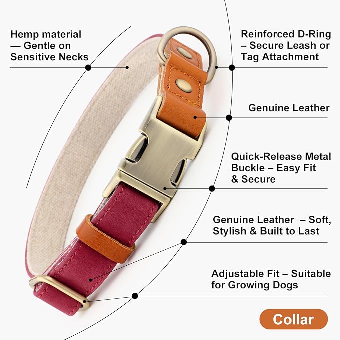 Plutus Pet Genuine Leather & Hemp Dog Collar – Adjustable Heavy Duty Pet Collar with Quick Release Metal Buckle, Soft & Stylish for Puppy and Small, Medium, Large Dogs (Burgundy, XS)