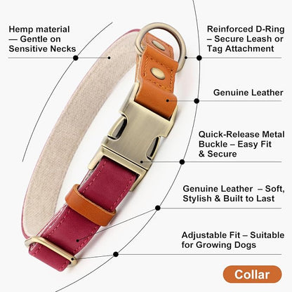 Plutus Pet Genuine Leather & Hemp Dog Collar – Adjustable Heavy Duty Pet Collar with Quick Release Metal Buckle, Soft & Stylish for Puppy and Small, Medium, Large Dogs (Burgundy, S)