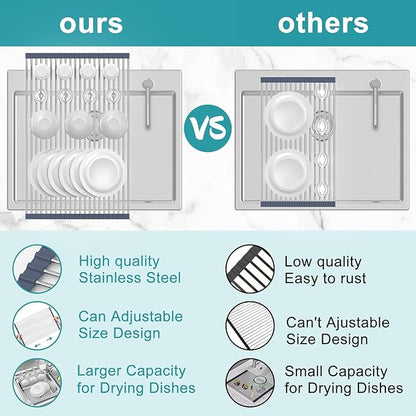 BBXTYLY Extra Large Expandable Roll Up Dish Drying Rack,Over The Sink Drying Rack Sink Cover Kitchen Sink Accessories Kitchen Rolling up Stainless Steel Drainer, Foldable,Rollable（Gray，22.8''-12.4''）