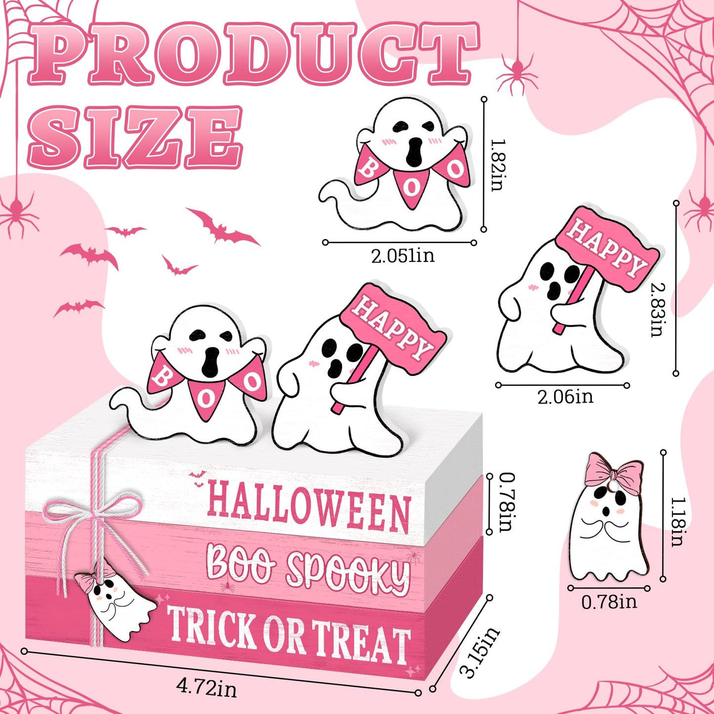 Culudea 6 Pcs Halloween Decorations for home Pink Ghost Wooden Book Stack Sign Halloween Table Decor Tiered Tray Decor with Hanging Ghost Boo Table Centerpiece for Home Shelf Mantel