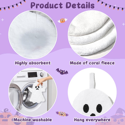 R HORSE Halloween Hand Towels - 3Pcs Halloween White Ghost Bathroom Towels with Hanging Loop Absorbent Coral Fleece Bathroom Hand Towel Soft Thick Dish Cloth for Kitchen Home Decors Holiday Party Gift