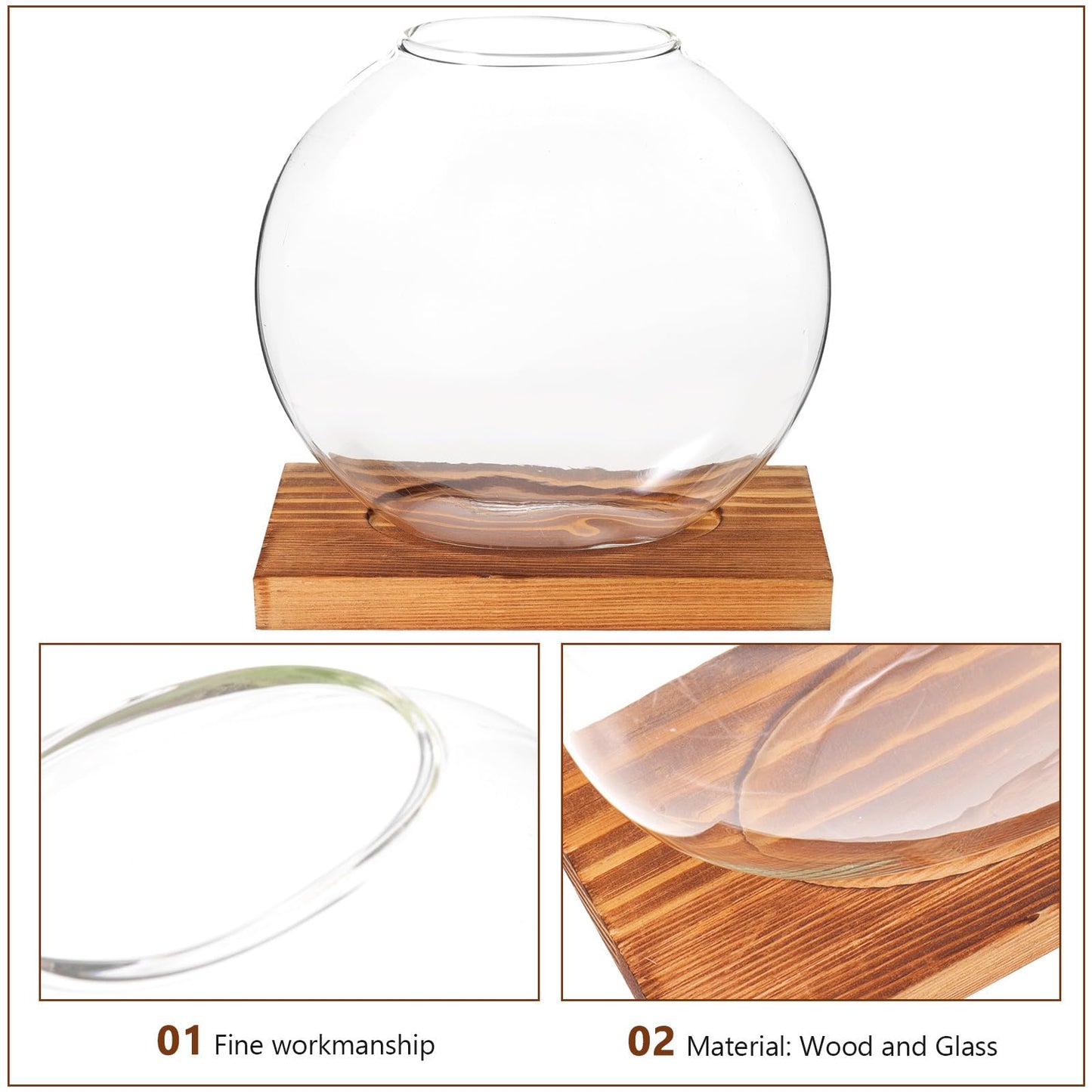 ABOOFAN Glass Hydroponic Flower Planter with Wood Base, Desktop Glass Vase for Home and Office Decor, Hydroponic Plant Terrarium Decoration