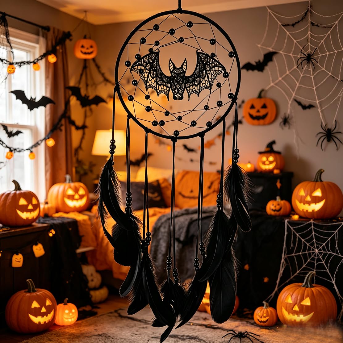 Remorlet Halloween Gothic Black Dreamcatcher with Bats - Large Handmade Bohemian Wall Hanging for Witchy Home Outdoor Decor, Halloween Bat Decor, Dark Gothic Gift (Bat B)