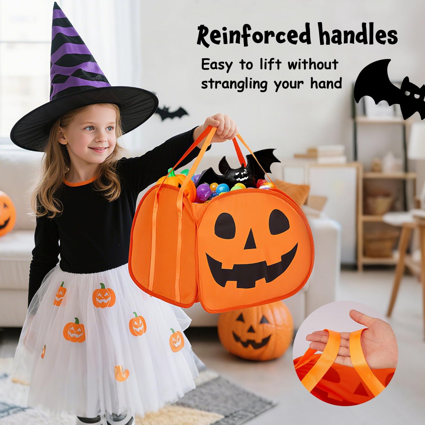 YOHOOLYO 95L Large Cute Halloween Pumpkin Boo Basket with Handles, Trick or Treat Candy Bucket Bag, Halloween Decor for Kids, Candy Buckets & Tote Bags for Party Favor Supplies
