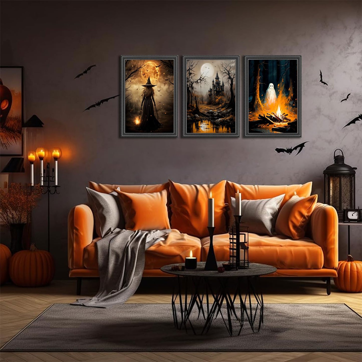 3pcs Halloween Canvas Wall Art Dark Academia Scary Witch Ghost Castle Posters Prints Thriller Horror Gothic Wall Decor Pictures for Halloween Party House Decoration Unframed