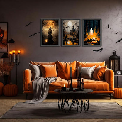 3pcs Halloween Canvas Wall Art Dark Academia Scary Witch Ghost Castle Posters Prints Thriller Horror Gothic Wall Decor Pictures for Halloween Party House Decoration Unframed