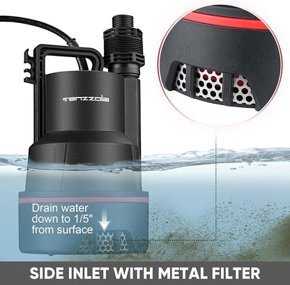 Sump Pump Submersible Utility Water Pump Thermoplastic Portable Electric Water Removal Transfer Pump with 16.4FT Cord for Swimming Pool Basement Garden Pond Tubs Draining, 1/4 HP