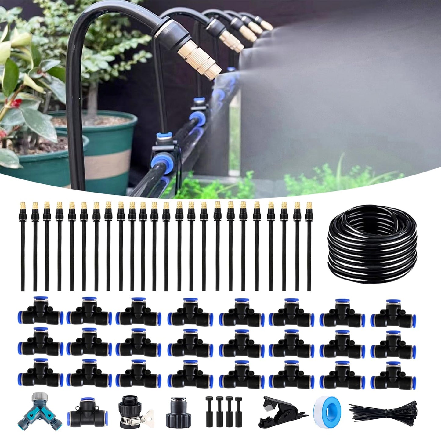 100FT Drip Irrigation Kit, Automatic Garden Watering System with Tool-Free Quick Connectors, 360° Bending Drippers & Copper Misting Nozzles for Greenhouse, Patio, Lawn & Vegetable Garden. (30M)