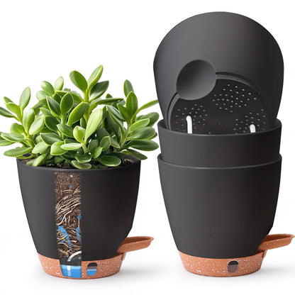 T4U 6 Inch Self Watering Pots for Indoor Plants - Mess-Free Bottom Watering Planter for Herbs/Pothos/Succulent Plants, Indoor Outdoor Use (Black, 4 Pack)