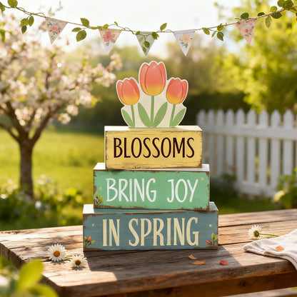 Spring Decoration Wooden Tiered Tray Decor – Tulip Blossoms Spring Stacked Block Sign with Floral Accent – Farmhouse Tabletop Spring Decor for Shelf Mantel Seasonal Home Display
