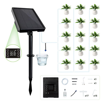 Display and Solar 2 in 1 Automatic Watering System for 15 Pots Plants, Anti-Siphoning Watering Drip Irrigation System Device Kit, Smart Timer & Manual for Indoor Garden Farm Greenhouse Balcony & Patio