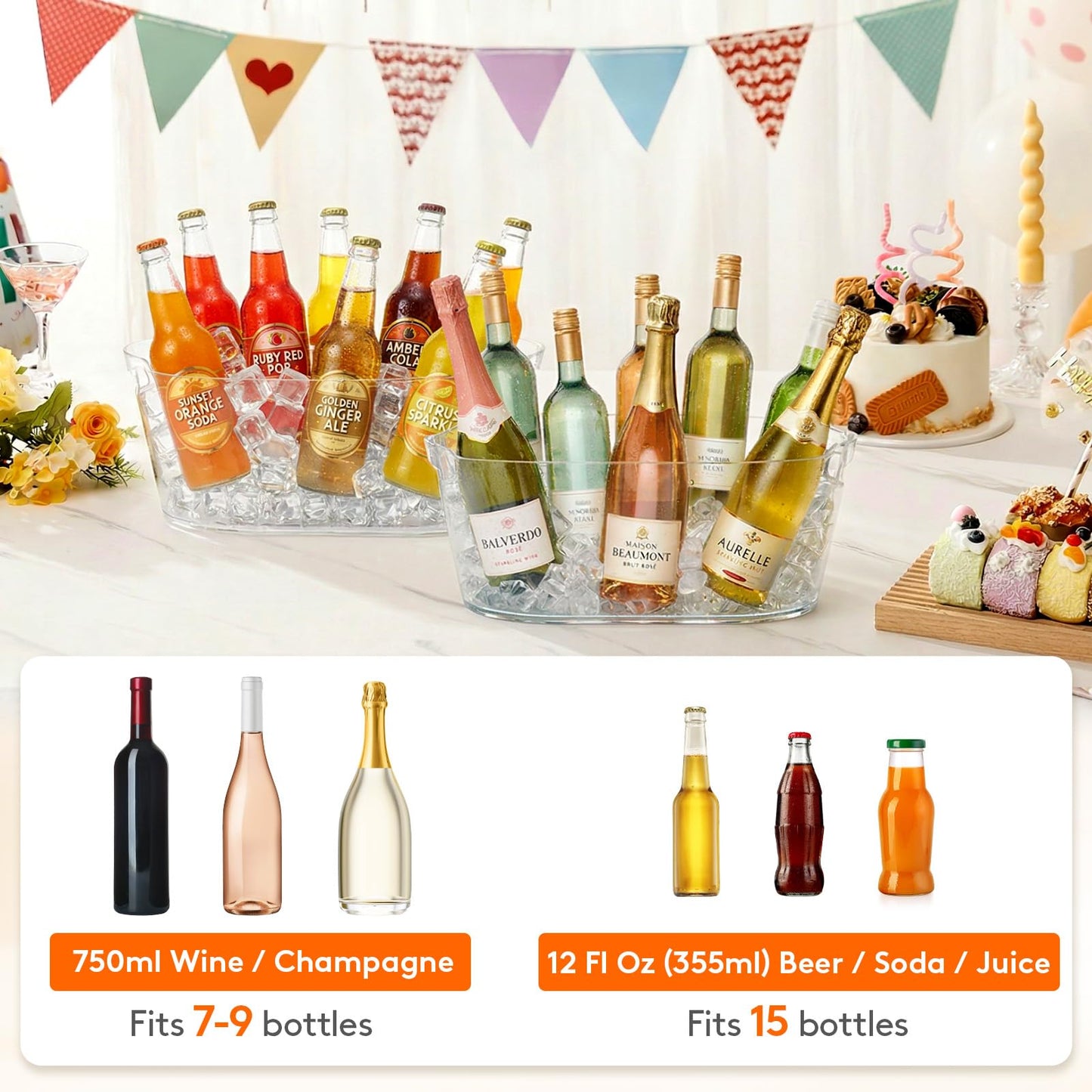 Lifewit 13L Ice Bucket for Parties 2 Pcs, Large Plastic Drink Cooler for Champagne Wine, Beer, Clear Beverage Tub for Mimosa & Cocktail Bar, Portable Chiller for Party Hosting & Serving