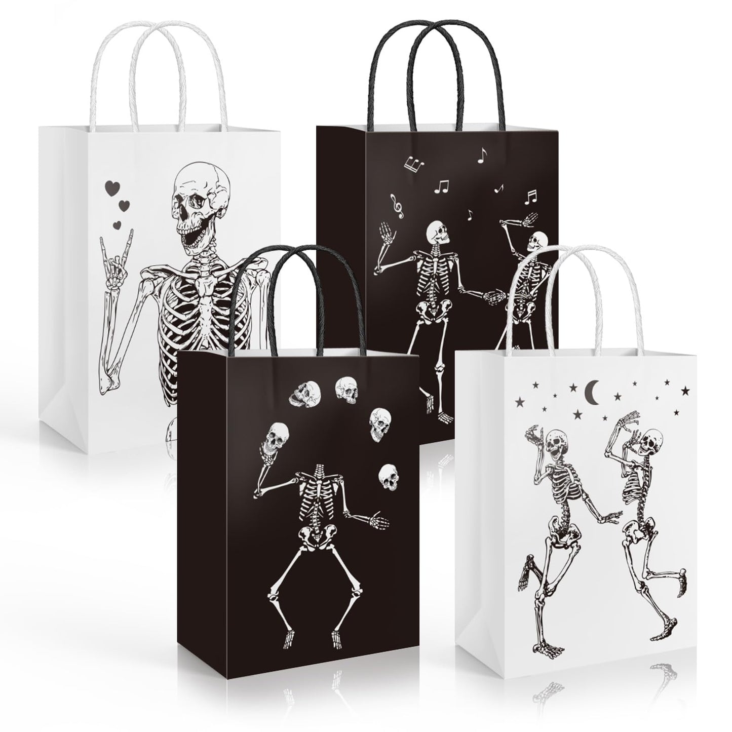 Whaline Halloween Skull Paper Gift Bags Black White Funny Dancing Skeleton Goodie Candy Treat Bag Skull Theme Handbags for Halloween Trick or Treat Party Favor Supplies, 16Pcs