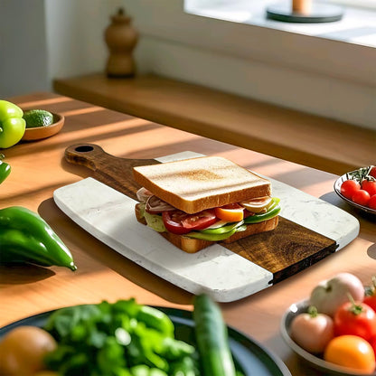 6 Pack Marble and Wood Cutting Board Acacia Wooden Marble Serving Tray with Handle Charcuterie Chopping Board for Laser Engrave, DIY Gift(13.75 Inches x 7.25 Inches)