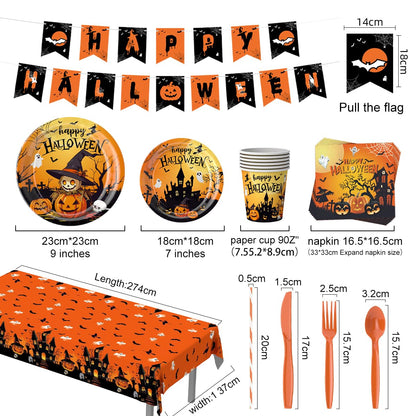 212Pcs Halloween Party Supplies Tableware Set for 24 Guests Disposable Pumpkin Ghost Themed Dinnerware Includes Paper Plates Napkins Cups Forks Knives Spoons Halloween Balloons, Banner & Tablecloth