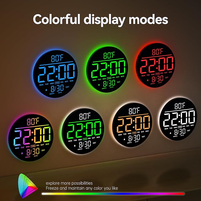JALL 10" Large Digital Wall Clock with Seconds, Alarm Countdown Timer, Big LED Display, RGB Color, DST, Temperature, Mounted for Bedroom Living Room Office Classroom Gym, Xmas Birthday Gift, Blue