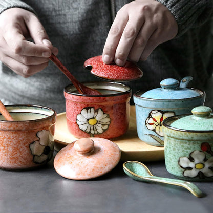 Soyestan Handmade Ceramic Sugar Bowl with Lid and Spoon, 9oz Porcelain Condiment Jar with Hand-Painted Floral Design, Colorful Seasoning Container for Sugar, Salt, Spices Kitchen (Blue)