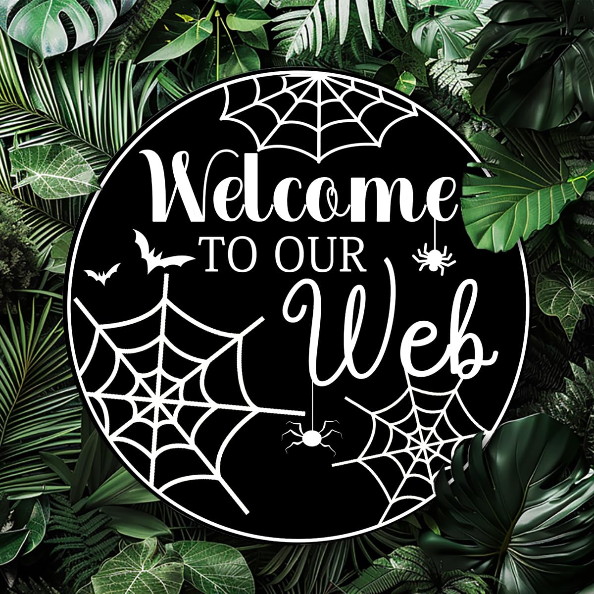 Generic Welcome To Our Web Round Aluminum Sign Halloween Metal Tin Signs Autumn Witch Ghost Pumpkin Wall Decor Sign For Home Kitchen Cafe 8x8 Inch