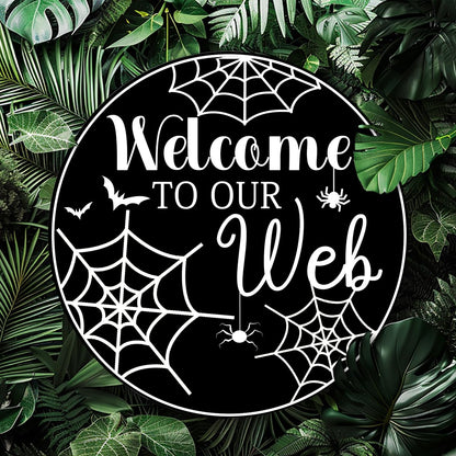 Generic Welcome To Our Web Round Aluminum Sign Halloween Metal Tin Signs Autumn Witch Ghost Pumpkin Wall Decor Sign For Home Kitchen Cafe 8x8 Inch
