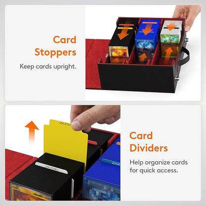 Lifewit Trading Card Storage Box with Handle, Holds Up to 1800 Sleeved Cards with 12 Adujstable Dividers & 4 Stoppers, Aluminum Closure PU Leather Case for MTG, PTCG, YGO, Sports Cards, Black& Red