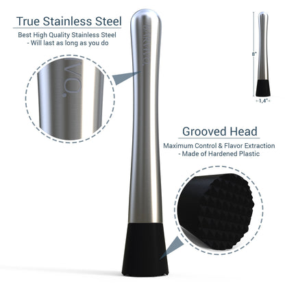 Barvivo Drink Muddler for Cocktails - 8 Inch Professional Stainless Steel Muddler - Durable Cocktail Muddler Set Drink Smasher & Mojito Muddler - Wine Accessories Ideal Valentines Day Gifts for Him