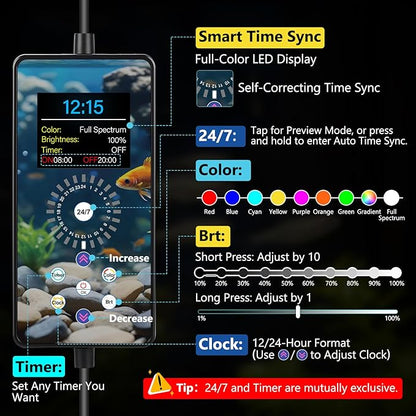 fishkeeper Aquarium Clip-On Stream Light with Auto Time Sync & 24/7, Full Spectrum LED Fish Tank Lights with 9 Colors, Set Any Timer & 1-100% Dimming, Adjustable Clamp for Freshwater Plants Tanks 80W