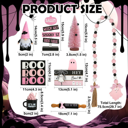 Pink Halloween Decorations 8PCS Tiered Tray Decor, Cute Girlie Tabletop Halloween Decor for Home Office Tray Shelf Mantel Office Table Centerpieces Farmhouse Rustic Spooky Wood Signs