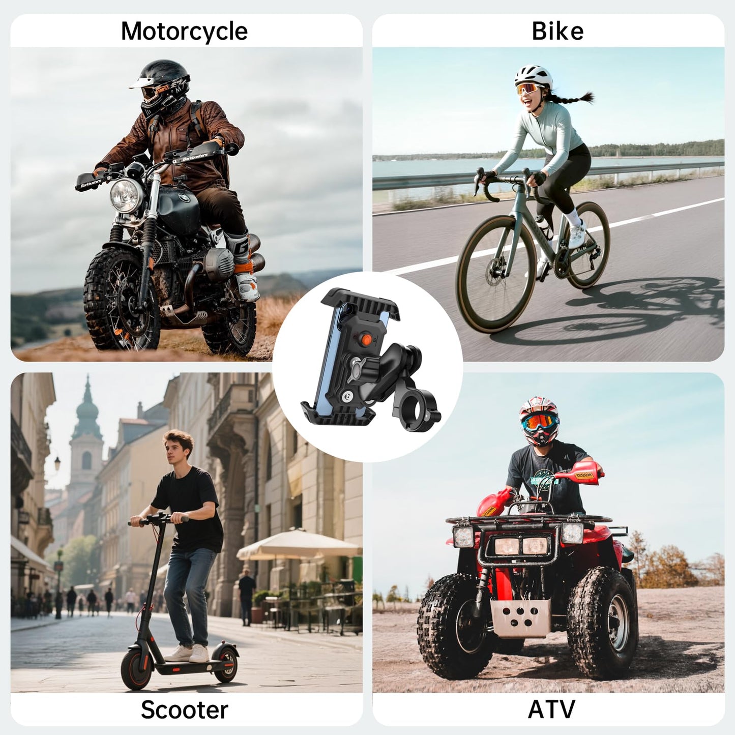 SEAJIC Motorcycle Phone Mount with Vibration Dampener & Security Lock, 720° Adjustable Bike Phone Holder Handlebar, Anti-Theft Motorcycle Phone Holder for iPhone 17/16/15/14/13 Series, 4.5-6.8" Phones