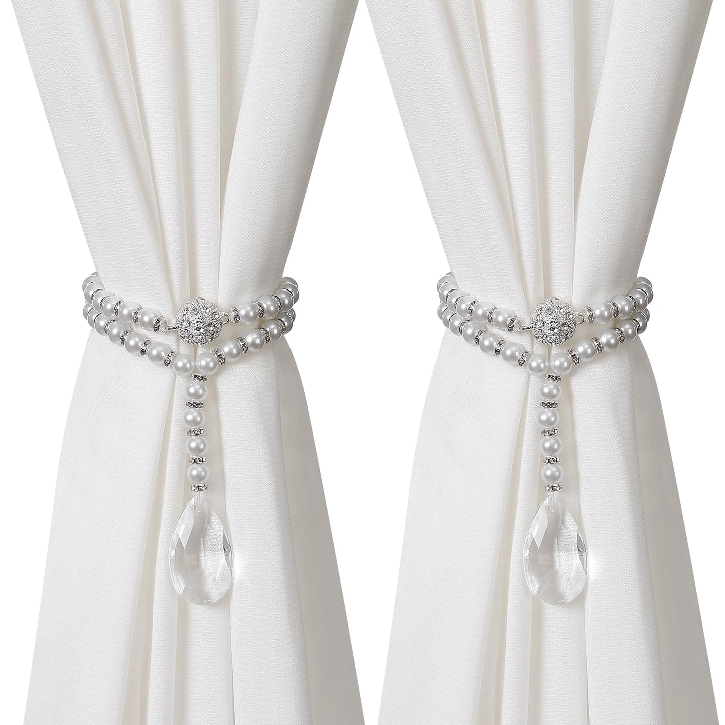 SUQ I OME 1 Pair of Luxury Pearl Beaded Magnetic Curtain Tieback and Holdback Curtain Clips Curtain Buckle Curtain Holder Blingbling Curtain Holdbacks for Drapes,Pearl