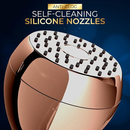 High Pressure Shower Head - Powerful Deluxe Bathroom Showerhead with Strong Spray Stream and Small Silicone Nozzles - Universal Fit Works with High and Low Water Flow Showers 1.8 GPM - Rose Gold