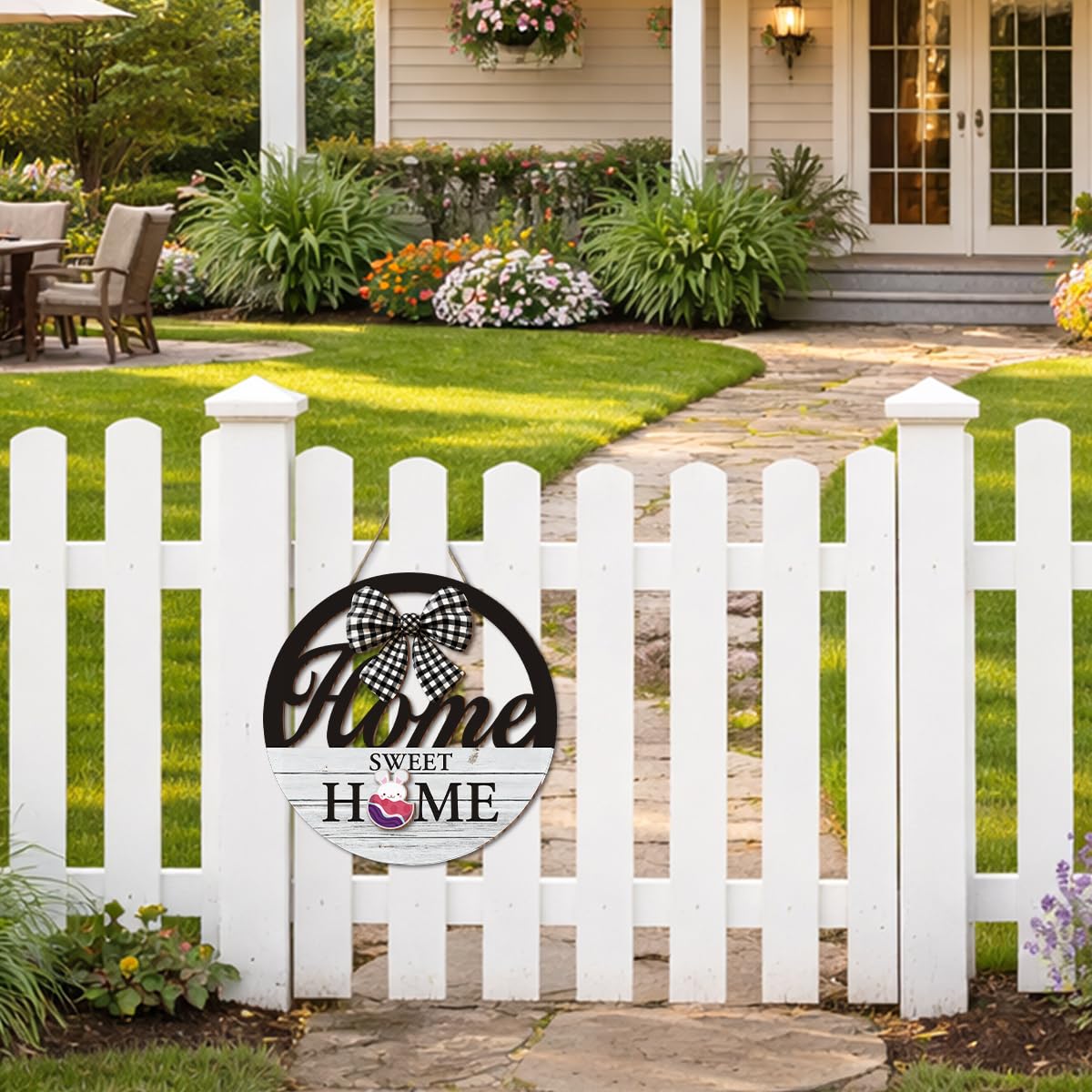 Interchangeable Seasonal Home Sweet Home Hanging Sign - Farmhouse Front Door Decoration for Spring All Seasons Holidays - Rustic Round Wood Wreaths with 12 Icons(White)
