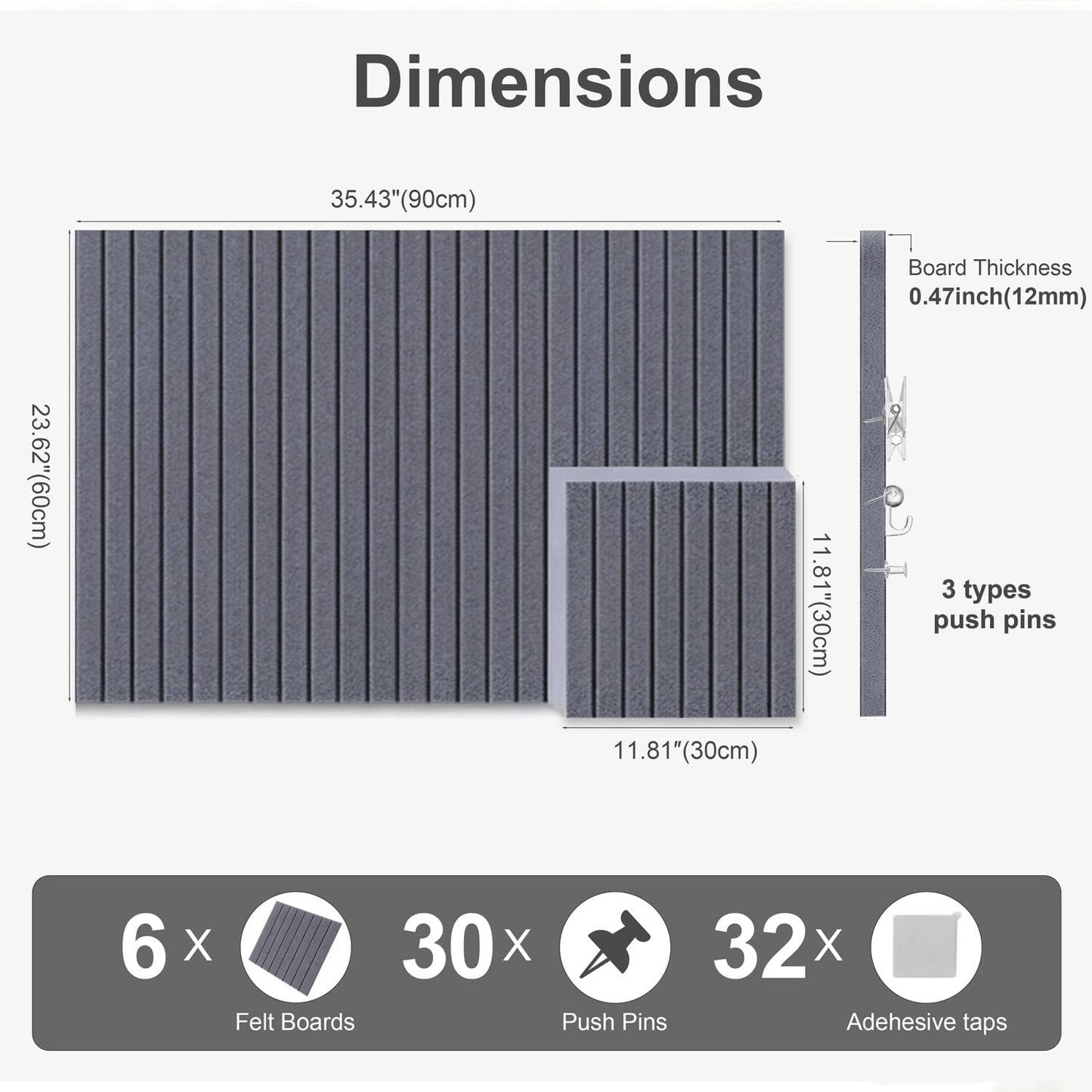 G Gamit 0.47" Thick Felt Pin Board 36"x24" Large Cork Board Alternative 6 Pack 11.81"x11.81"Felt Bulletin Board Wall Tiles Notice Board with 30 Pushpins for Home Office School(Fine-Charcoal Grey)