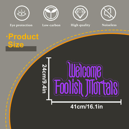 Welcome Foolish Mortals Neon Sign,Dimmable Spooky Gothic Purple Haunted Mansion Coffin LED Neon Signs for Wall Decor,USB Powered Led Neon Light for Haunted House Man Cave Halloween Party Birthday Gifts
