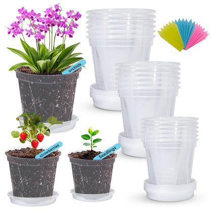 Co.Life 18 Pack Clear Plant Pots with Drainage, 5/6/7 Inch Thick Clear Plastic Pots for Plants, Indoor Outdoor Planter Set with Saucers & Plant Labels for Monstera, Succulents, Herbs