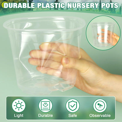 RAOOKIF 10/8/6/5 Inch Clear Nursery Pots with Drainage Hole and Saucers, 12 Pack Large Nursery Pots for Plants for Indoor Outdoor, Plastic Clear Plant Pots for Flowers, Succulents, Vegetables