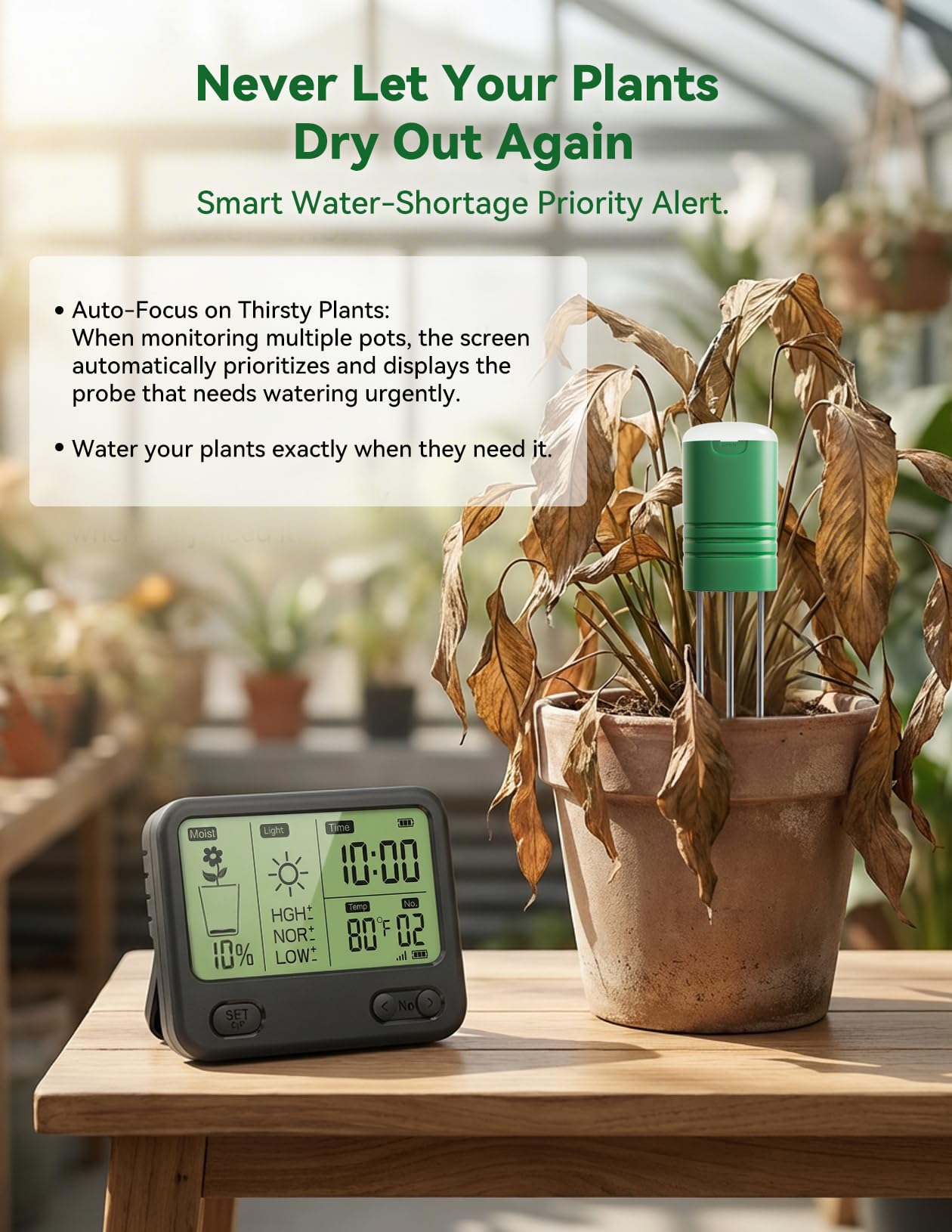 Nexuslab Wireless Soil Moisture Meter with LCD Receiver – 3‑Probe 3‑in‑1 Sensor (Moisture, Temperature, Light), 230 ft RF Range, Waterproof, Long Battery Life for Indoor/Outdoor Plants and Gardens