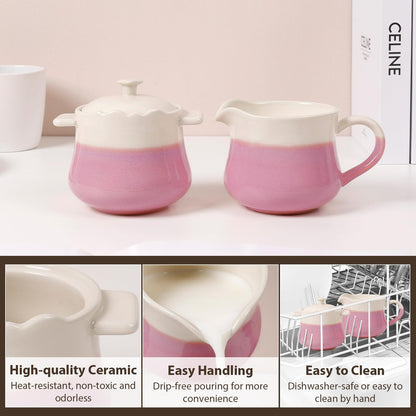 INGOFIN Ceramic Sugar and Creamer Set, 2-Piece French Style Cream Pitcher and Sugar Bowl with Lid, Coffee and Tea Serving Set for Home Kitchen, Microwave & Dishwasher Safe, Pink and Beige