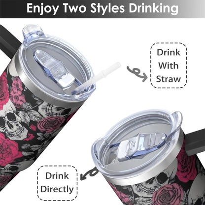 Kearscupra 30oz Skull Tumbler with Handle and Straw,Skeleton Gothic Floral Stainless Steel Insulated Cup with Lid and Straw,Travel Coffee Mug Water Bottle,Halloween Birthday Gifts for Women Men