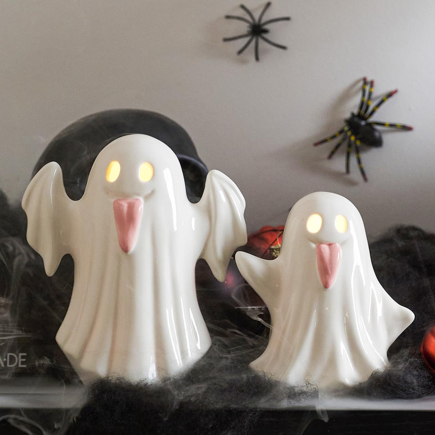 WDS WONDROUS Light Up Halloween Ghost Decorations Set of 2, Cute Ghost Figurines with Witch Hat Halloween Decor, Ceramic Ghosts Light for Indoor Fall Table Decor, Home Tiered Tray Fireplace